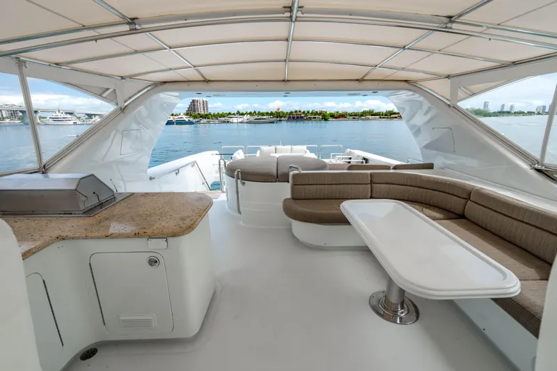 Slide: The Image of Flybridge of 2000 Destiny Motor Yacht with seating and ocean view. - 17