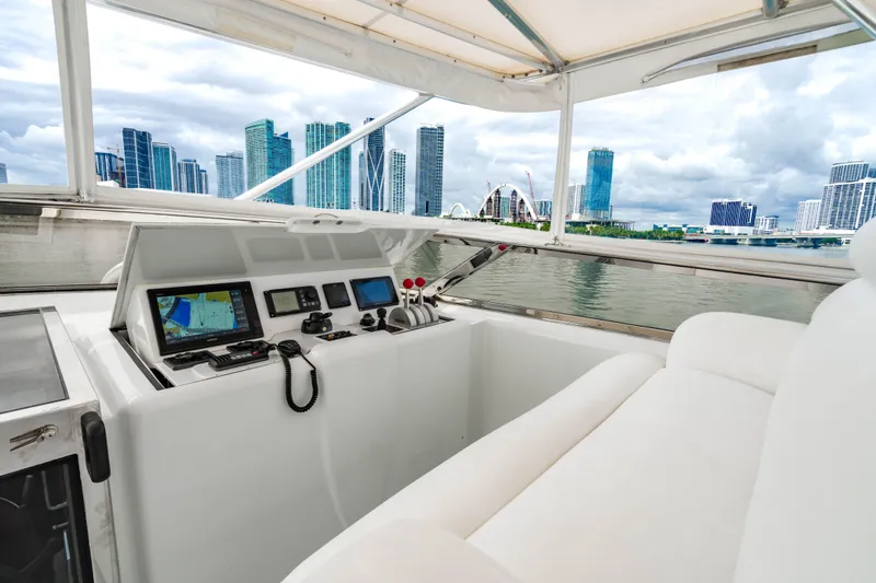 Slide: The Image of Flybridge motor yacht interior with city skyline view, Destiny model, 2000. - 20