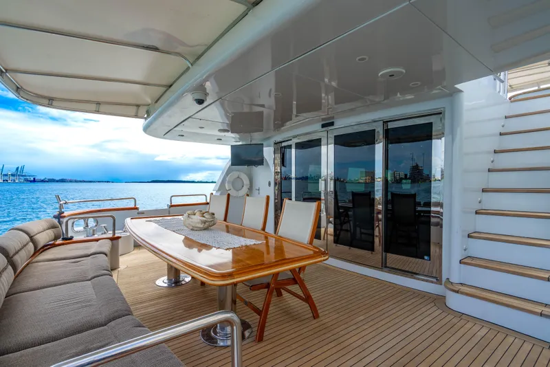 Slide: The Image of Luxurious 2000 Destiny Flybridge Motor Yacht deck with elegant seating and ocean view. - 23