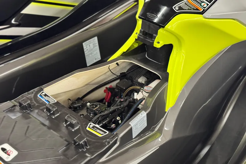Slide: The Image of 2021 Sea-Doo GTR 230 engine compartment with open hood, showcasing internal components. - 10