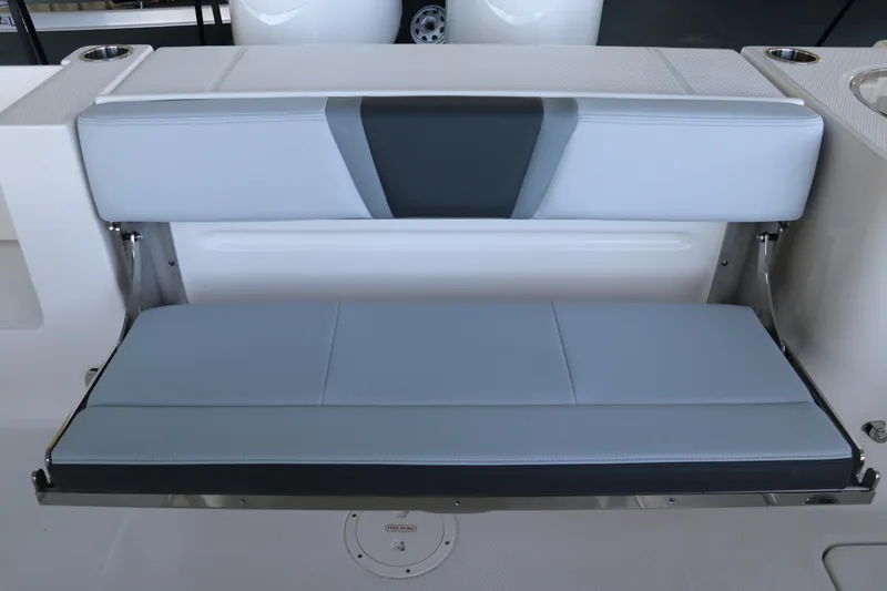 Slide: The Image of 2026 Robalo R250 Center Console boat seat, gray and black upholstery. - 13
