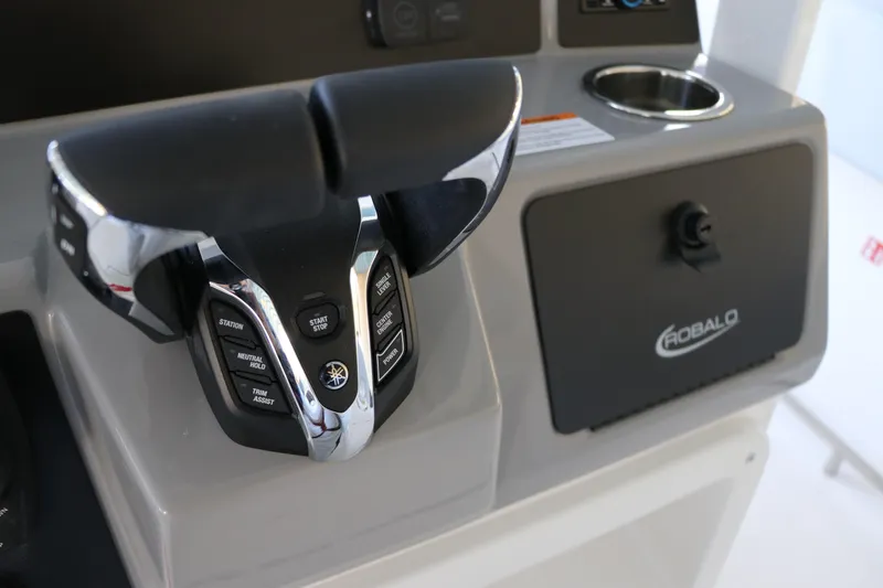 Slide: The Image of 2026 Robalo R250 Center Console boat controls and dashboard detail. - 35