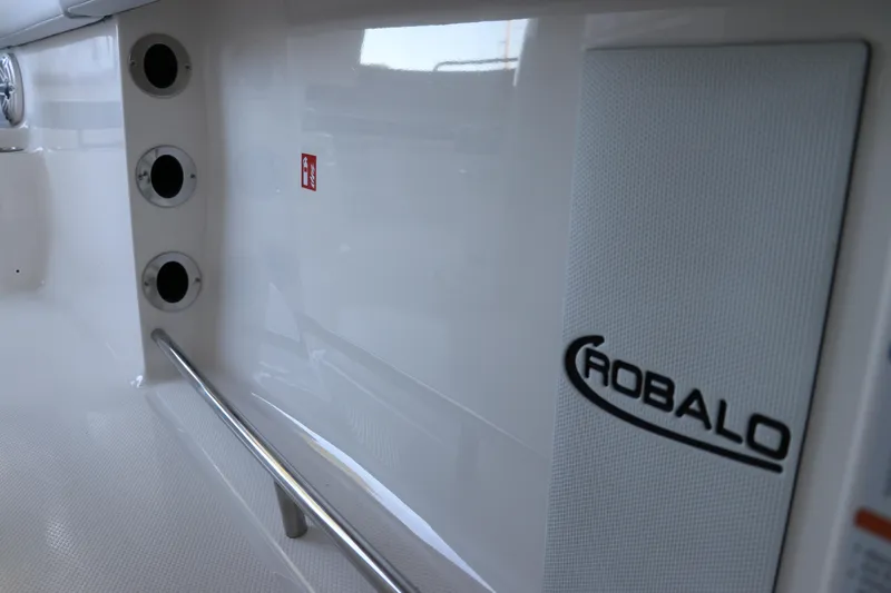 Slide: The Image of 2026 Robalo R250 Center Console interior detail with logo and rod holders. - 40
