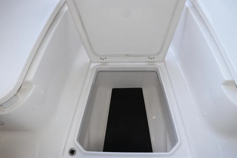 Slide: The Image of 2026 Robalo R250 Center Console storage compartment, open lid, white interior. - 58