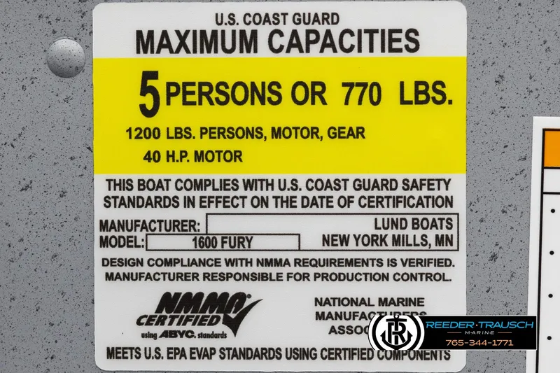 Slide: The Image of 2026 Lund 1600 Fury Tiller capacity label, U.S. Coast Guard certified for 5 persons or 770 lbs. - 33