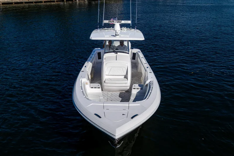 Slide: The Image of 2020 Intrepid 375 Nomad SE boat on calm water, aerial view. - 3
