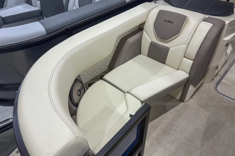 Slide: The Image of Luxurious seating in 2026 Alera M23Q boat, featuring elegant beige and gray upholstery. - 8
