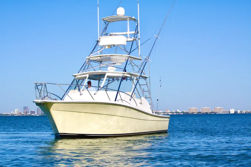 Slide: The Image of 2006 Topaz Express Cruiser on calm water with city skyline in background. - 3