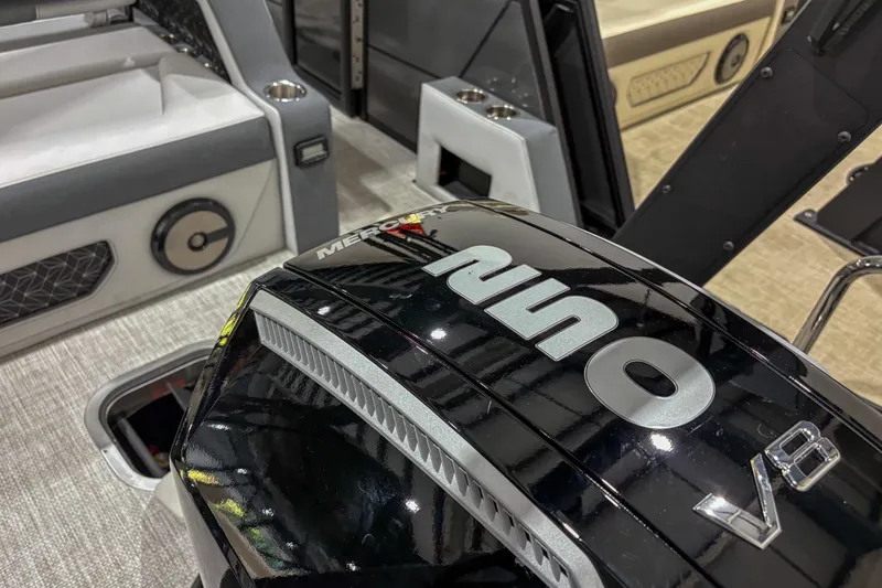 Slide: The Image of Alera M23L 2026 boat interior with Mercury V8 engine detail. - 12