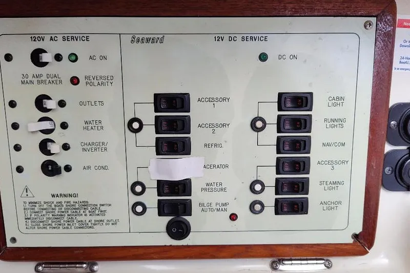 Slide: The Image of Electrical control panel of a 2002 Seaward Eagle 32 RK boat, showing AC and DC services. - 25