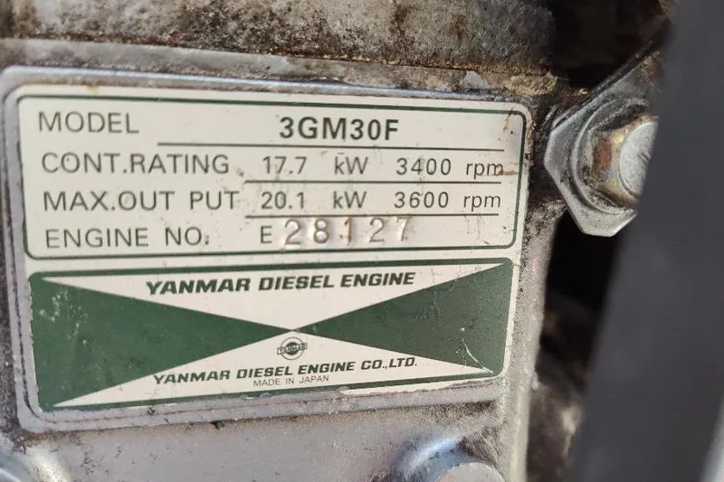 Slide: The Image of Yanmar diesel engine label, model 3GM30F, continuous rating 17.7 kW, max output 20.1 kW. - 48
