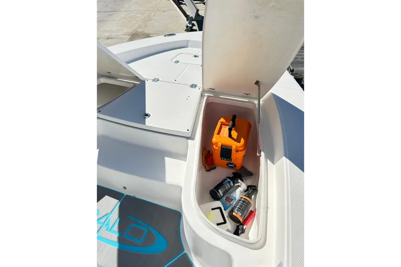 Slide: The Image of 2019 Robalo 226 Cayman boat storage compartment with cleaning supplies and orange container. - 32