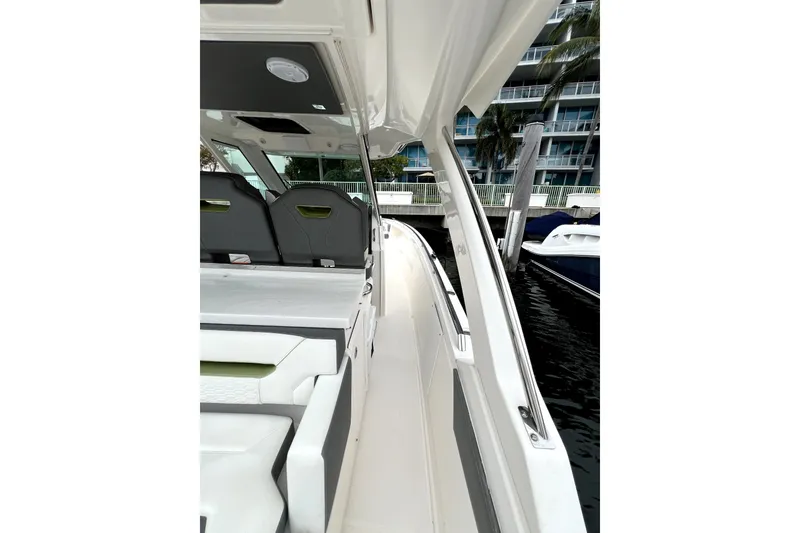 Slide: The Image of 2019 Tiara Sport 34 LS boat interior with sleek seating and modern design. - 6