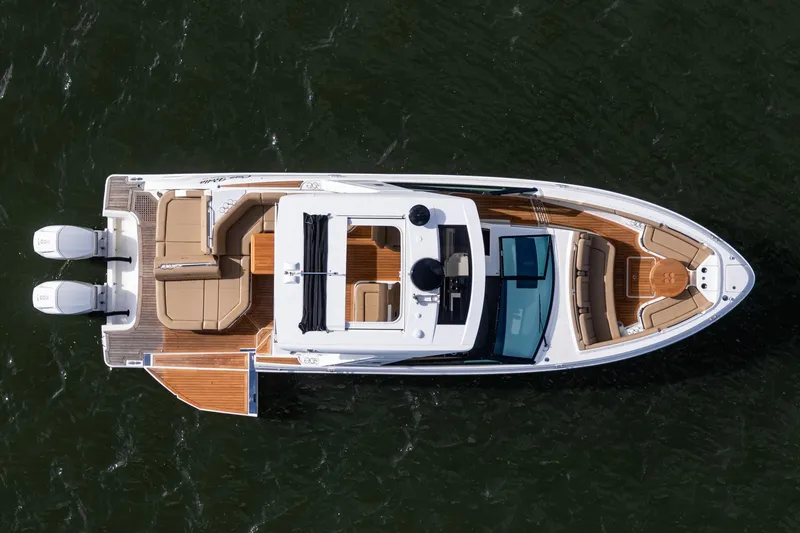Slide: The Image of 2023 Sea Ray SLX 400 Outboard, aerial view, luxury boat on water. - 5