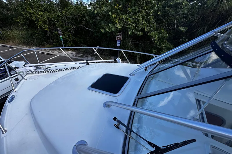 Slide: The Image of 2008 Sailfish 3006 boat deck with railing and hatch, surrounded by greenery. - 19