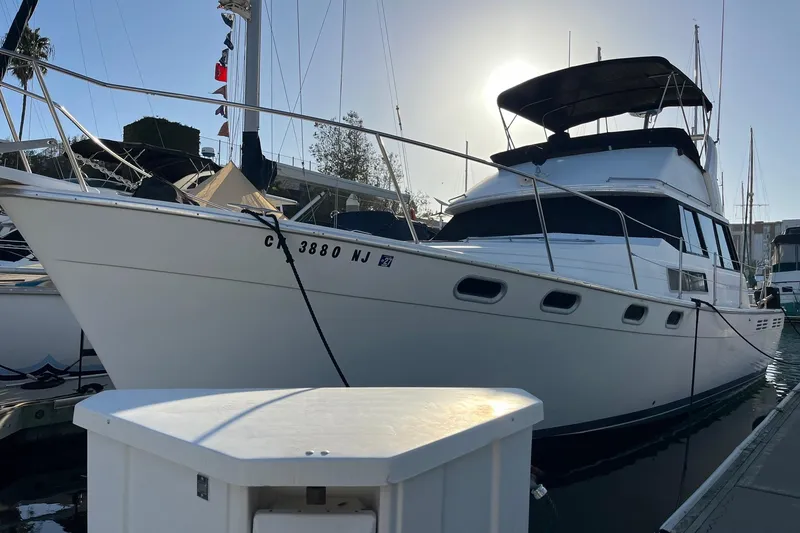 The Image of 1989 Bayliner 3888 MY Sedan yacht docked at marina, sunlit background. - 0