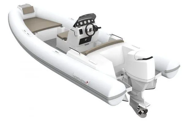 Slide: The Image of 2026 Northstar Axis 5.3 boat with Yamaha 115HP engine, sleek white design. - 11