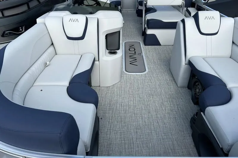 Slide: The Image of Luxurious interior of 2025 Avalon LSZ Quad Lounger Shift pontoon boat with plush seating. - 3