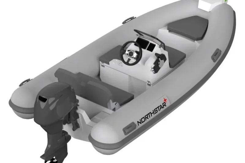 Slide: The Image of 2026 Northstar Vega 3.5 inflatable boat with Tohatsu 30HP engine, sleek design. - 7