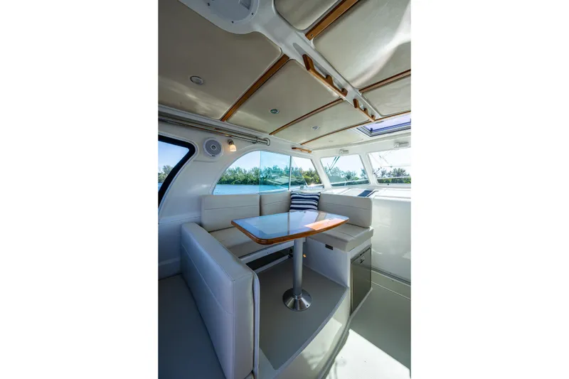 Slide: The Image of Interior of 2020 Back Cove 340 yacht with elegant seating and table. - 21
