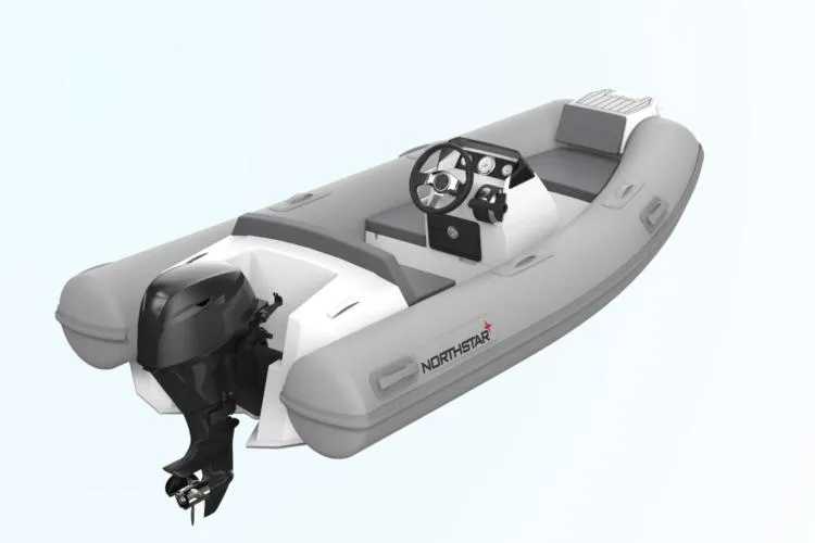 Slide: The Image of 2026 Northstar Vega 3.8 boat with Tohatsu 30HP engine, sleek design, gray and white color. - 7
