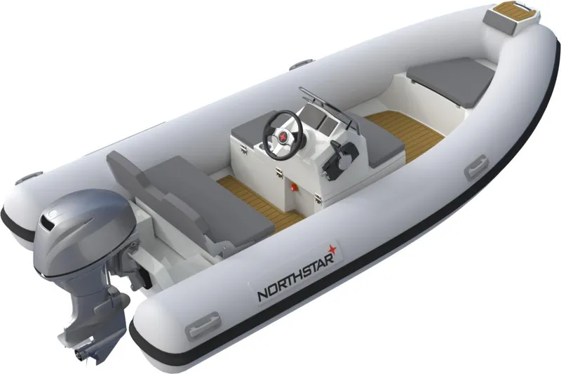 Slide: The Image of 2026 Northstar VEGA 4.2 inflatable boat with outboard motor and seating. - 2