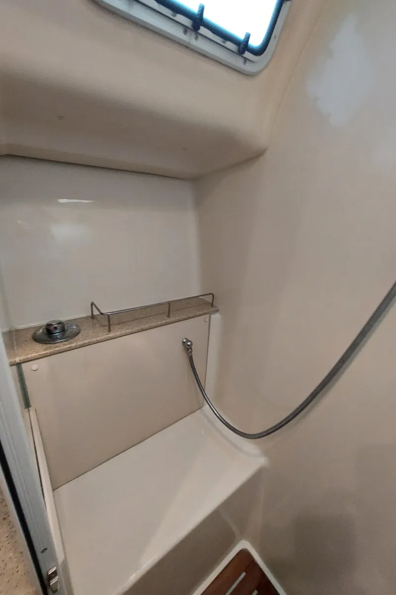 Slide: The Image of 2009 Hunter 49 yacht interior shower with sleek design and modern fixtures. - 40