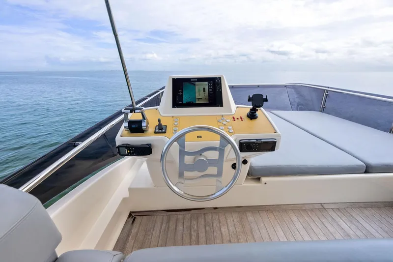 Slide: The Image of 2018 Ferretti Yachts 550 helm with modern controls and ocean view. - 49