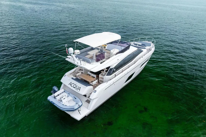 Slide: The Image of 2018 Ferretti Yachts 550 on calm green waters, featuring a spacious deck and modern design. - 9