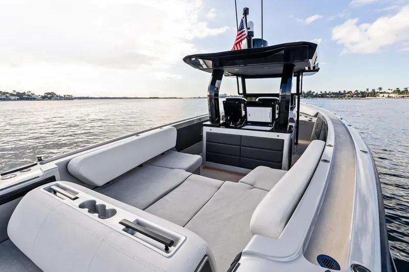 Slide: The Image of Luxurious 2025 Wajer 38s yacht with spacious seating on calm waters. - 30