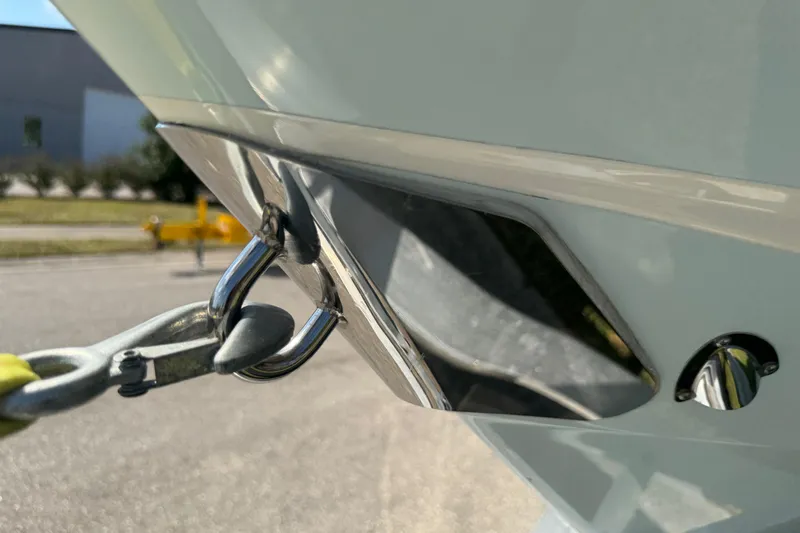 Slide: The Image of Close-up of 2024 Chaparral 280 OSX boat's anchor chain and bow detail. - 29