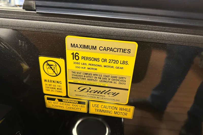 Slide: The Image of 2026 Bentley Pontoons Elite 253 capacity label, 16 persons, 2720 lbs, 350 HP motor. - 12