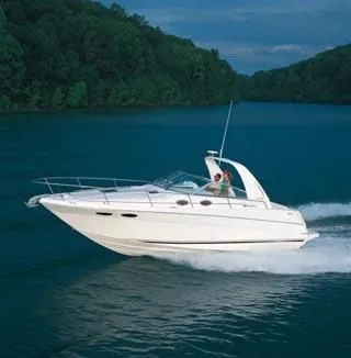 Slide: The Image of 2001 Sea Ray 290 Sundancer cruising on a serene lake with lush green surroundings. - 38