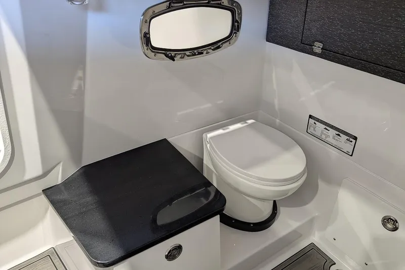 Slide: The Image of 2026 Monterey Elite 25 OB boat bathroom with modern toilet and sleek black countertop. - 19