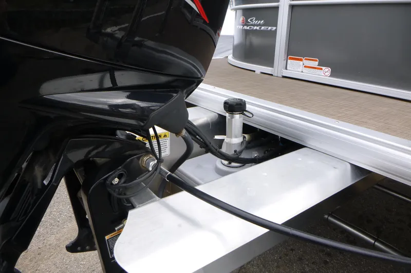Slide: The Image of 2023 Sun Tracker Party Barge 20 DLX motor and deck detail. - 5