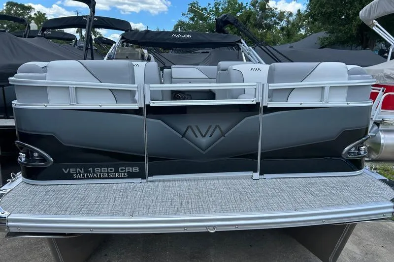 Slide: The Image of 2025 Avalon 19 Venture rear bench, saltwater series, featuring sleek design and comfortable seating. - 3