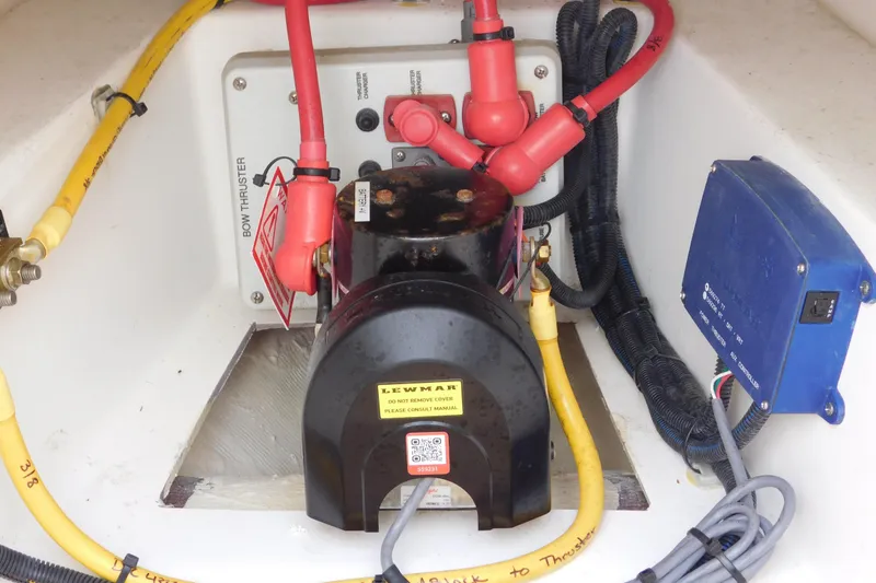 Slide: The Image of 2024 Pursuit DC 326 Dual Console bow thruster wiring and components. - 62