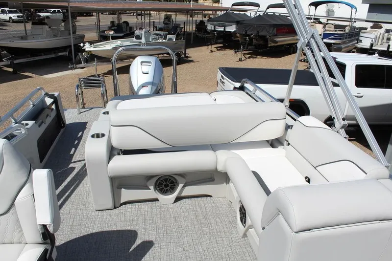 Slide: The Image of 2025 Avalon Venture 85 Versatile Rear Bench 23 FT pontoon boat interior with plush seating. - 12