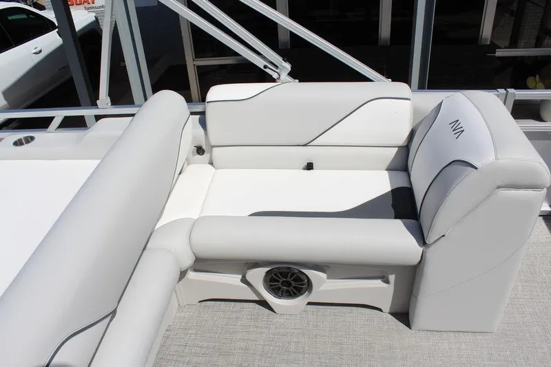 Slide: The Image of 2025 Avalon Venture 85 Versatile Rear Bench, 23 FT, luxurious white seating, modern design. - 15