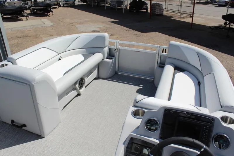 Slide: The Image of 2025 Avalon Venture 85 Versatile Rear Bench 23 FT pontoon boat interior with plush seating. - 19