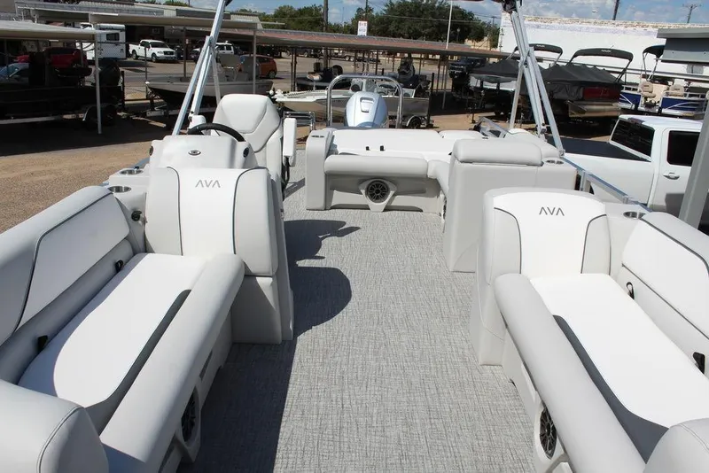 Slide: The Image of 2025 Avalon Venture 85 Versatile Rear Bench 23 FT pontoon boat with spacious seating. - 8