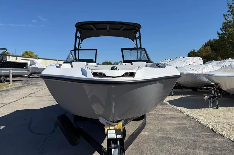 Slide: The Image of 2026 Yamaha Boats AR250 on trailer, sleek design, outdoor display. - 2