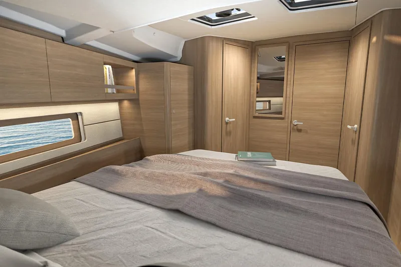 Slide: The Image of Luxurious cabin interior of 2026 Beneteau Oceanis 47 yacht with modern wood finish. - 10