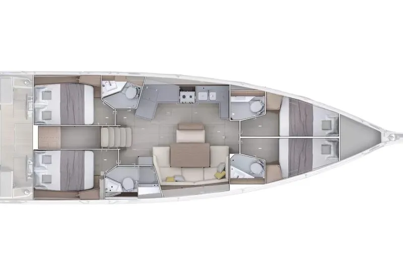 Slide: The Image of 2026 Beneteau Oceanis 47 yacht interior layout with cabins, bathrooms, and kitchen. - 13