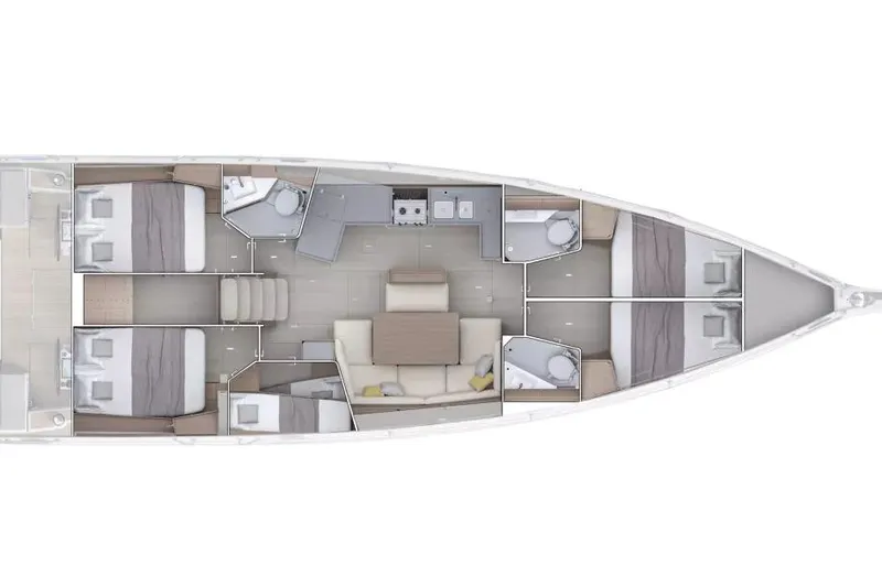 Slide: The Image of Interior layout of 2026 Beneteau Oceanis 47 sailboat, featuring cabins, bathrooms, and living area. - 14