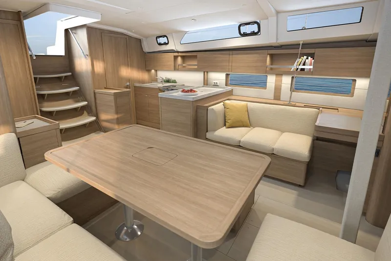 Slide: The Image of Modern interior of 2026 Beneteau Oceanis 47 yacht with elegant wood finish and cozy seating. - 5