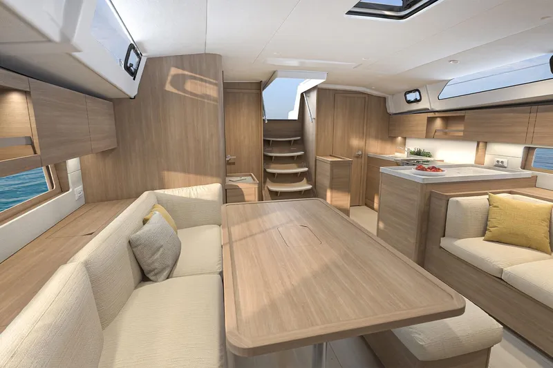 Slide: The Image of Luxurious interior of 2026 Beneteau Oceanis 47 yacht with modern wood finish and cozy seating. - 7
