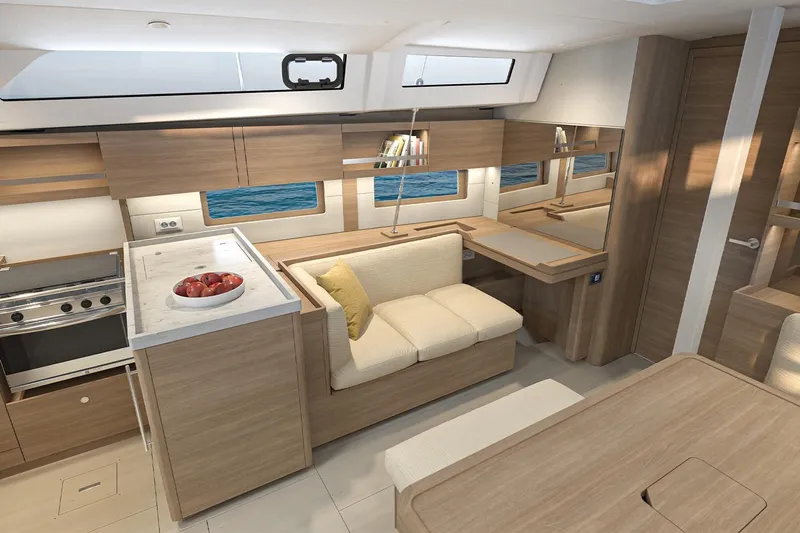 Slide: The Image of Modern interior of 2026 Beneteau Oceanis 47 yacht with sleek kitchen and cozy seating area. - 8