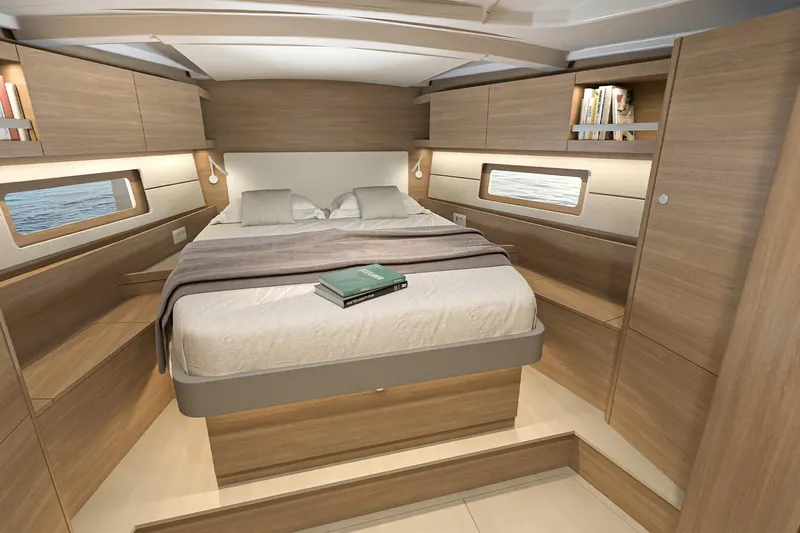 Slide: The Image of Luxurious cabin interior of 2026 Beneteau Oceanis 47 yacht with modern wood finish. - 9