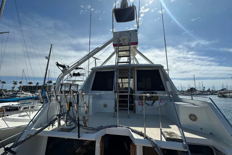 Slide: The Image of 1973 Elliott Yachtfisher docked, featuring a covered upper deck and vibrant pink accent. - 7
